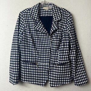 CHICO'S jacket sz 2 (L/12)‎ Blue White Gingham Rayon Blend Asymmetric Zip Moto